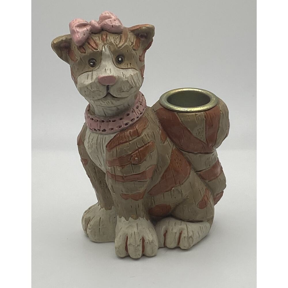 Vintage 1997 Hermitage Pottery Resin Girl Cat Taper Candleholder Whimsical